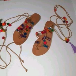 Anthropologie Mabu Pom Pom Gladiator Sandals by Maria Bk New